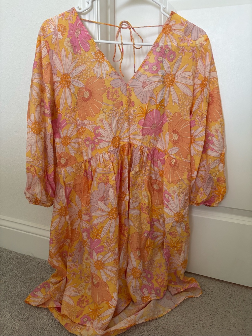 H&M Yellow Pink Floral V-Neck Smock Dress, size small that runs large